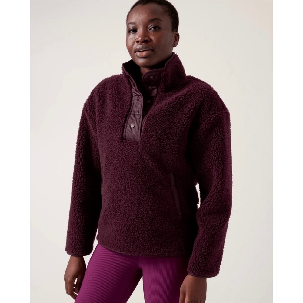 NWT Athleta Cozy Sherpa Snap Sweatshirt in Spiced Cabernet Sz XS